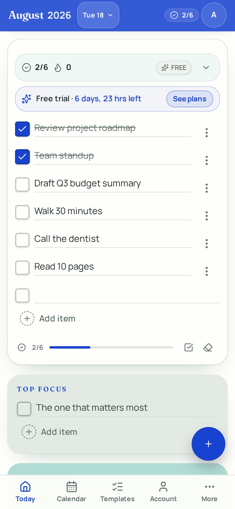 Simple Daily Planner Android app, showing the daily checklist and the bottom navigation bar
