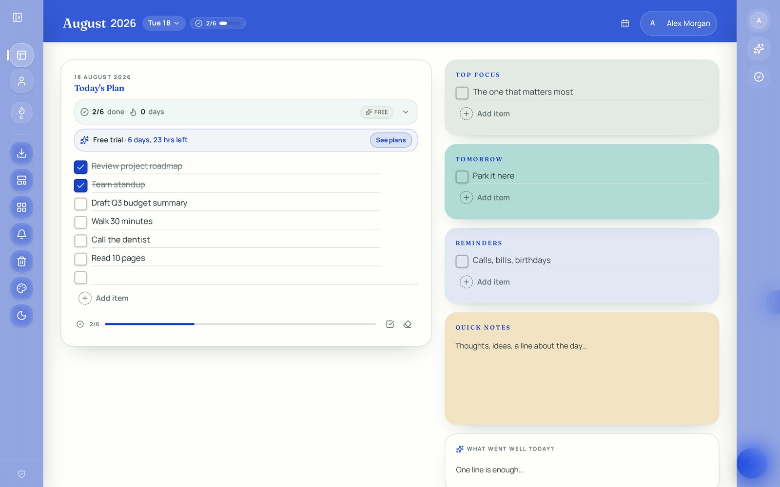 Simple Daily Planner on a desktop browser, showing today's checklist, top focus, tomorrow and quick notes panels
